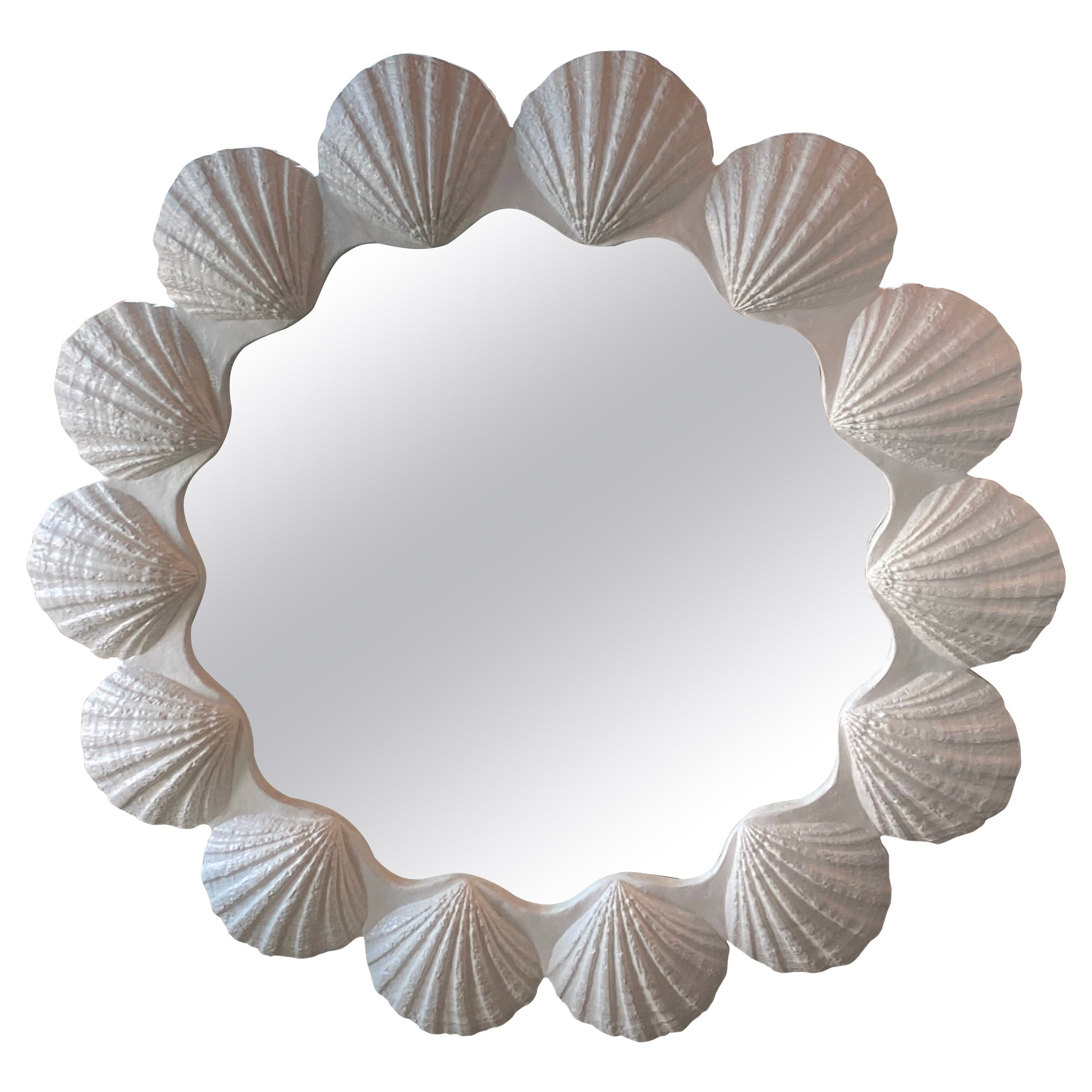 Vintage Round Lacquered Palm Beach Scallop Seashell Shell Mirror Pair Available
