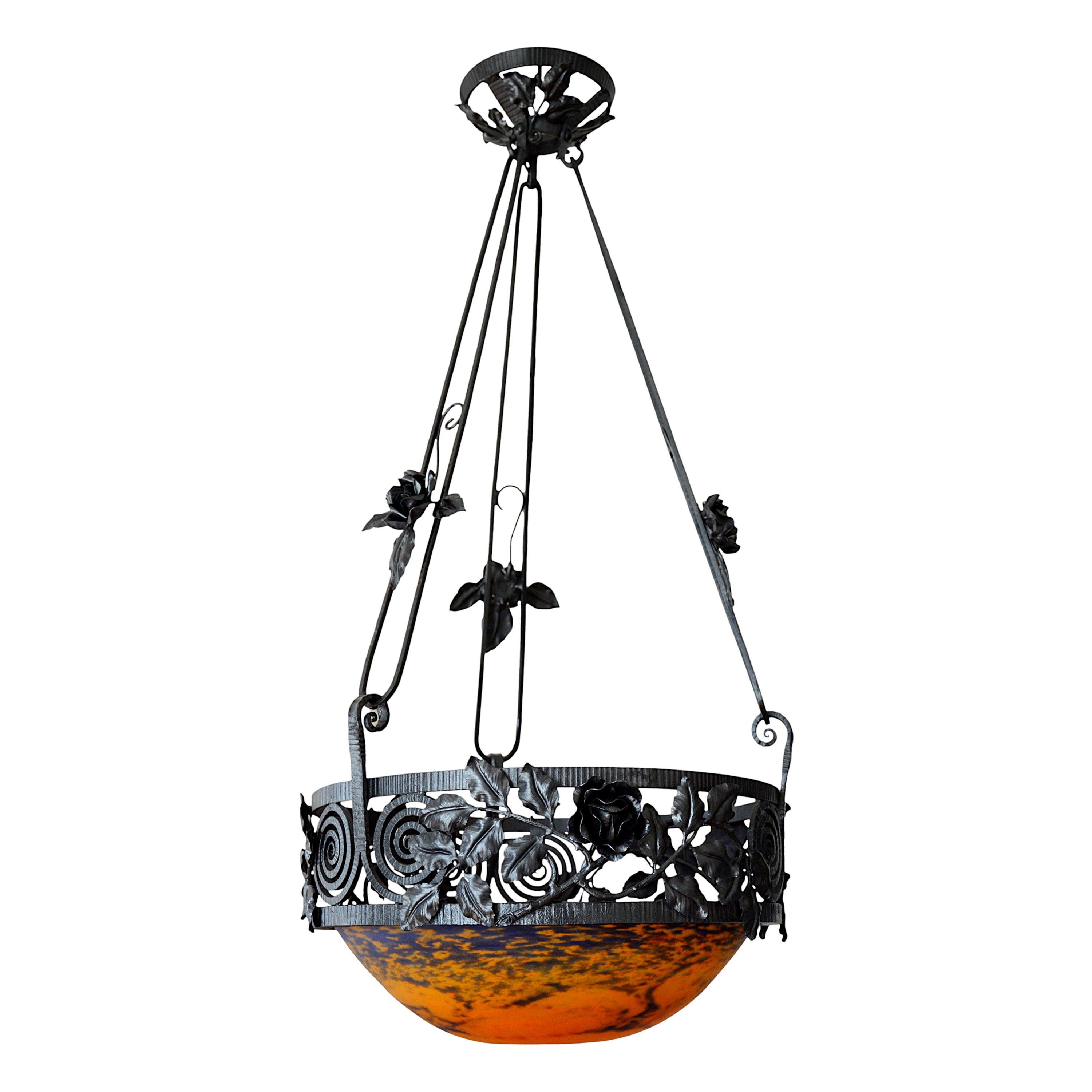 Jean Noverdy French Art Deco Wrought-Iron Pendant Chandelier, Late 1920s For Sale