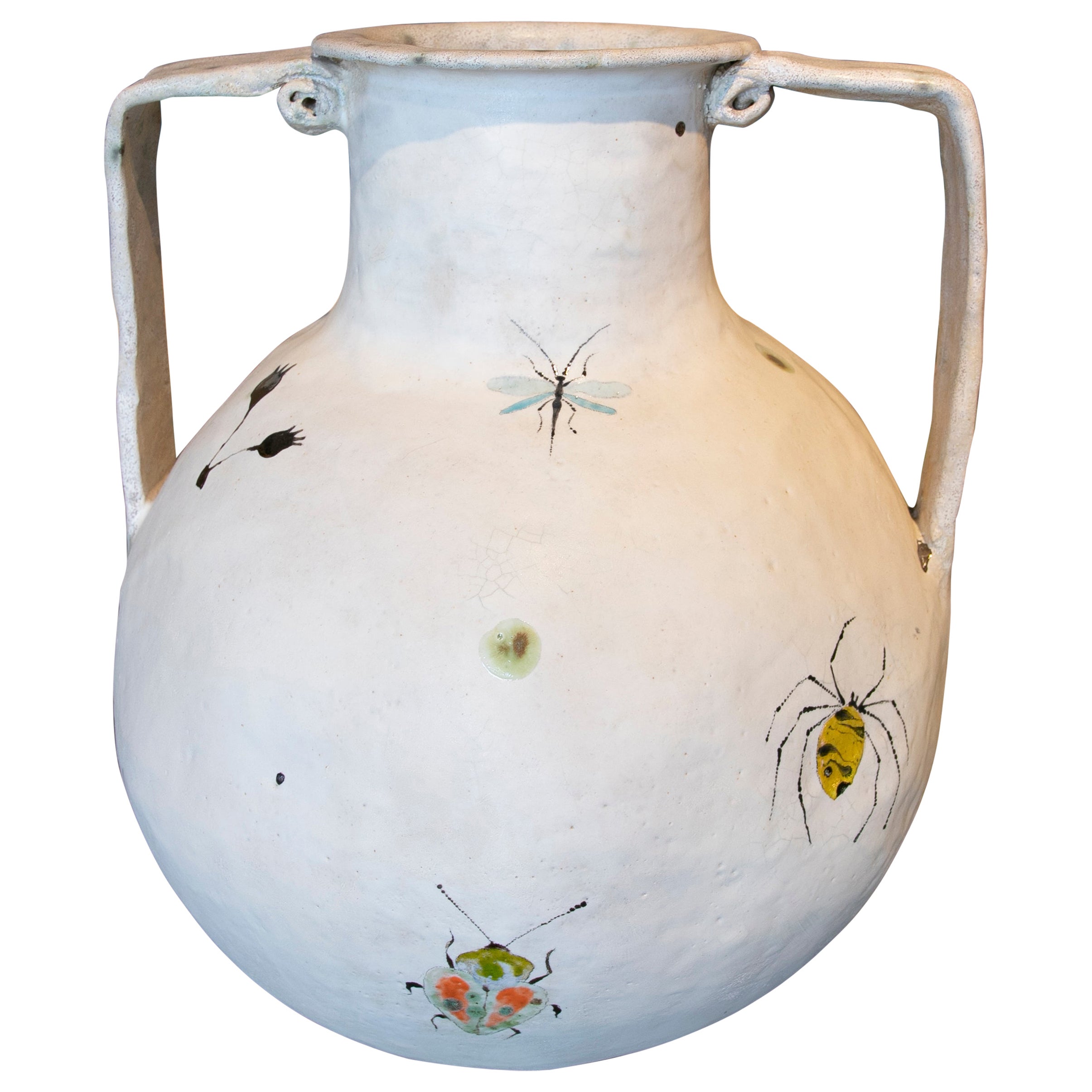 Modern Designer Spanish White Ceramic Vase w/ Hand Painted Insects and