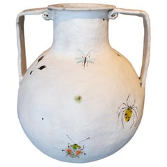 Modern Designer Spanish White Ceramic Vase w/ Hand Painted Insects & Flowers