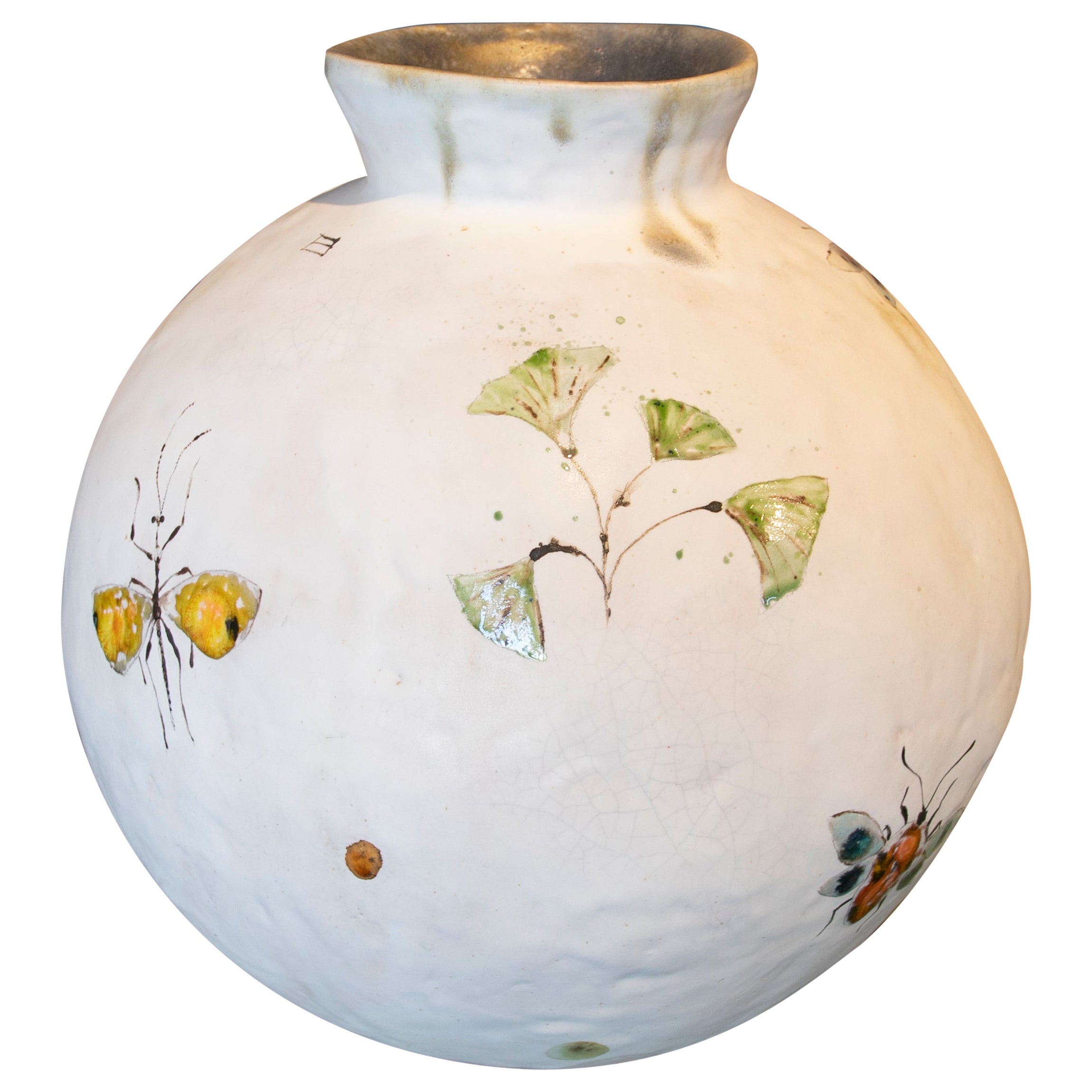 Round-Shaped Vase in Hand-Painted Ceramic with Insects For Sale at 1stDibs