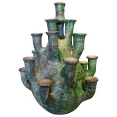 1990s Spanish Artistic Green Glazed Terracotta Ceramic Table Chandelier