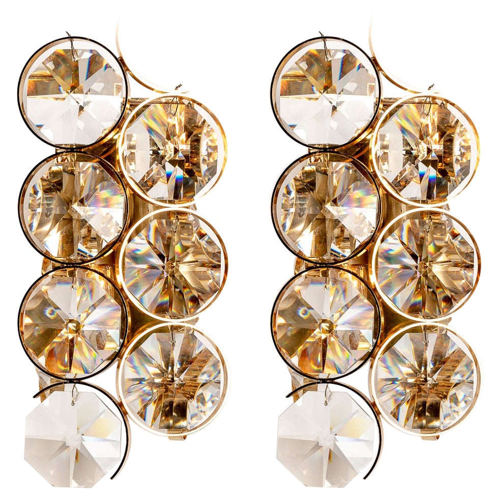 1960s Gilt Brass and Diamond Shaped Glass Sconces by Palwa