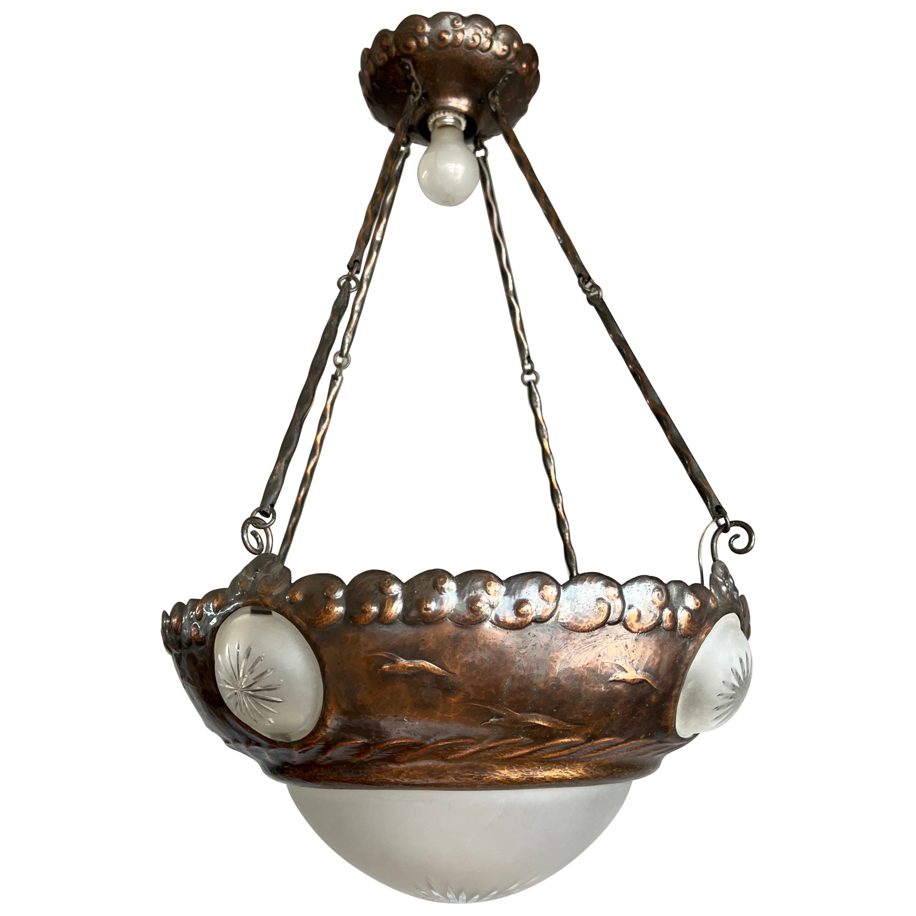 Unique Arts & Crafts Embossed Copper Chandelier w Sea Shore Theme & Glass Shades For Sale