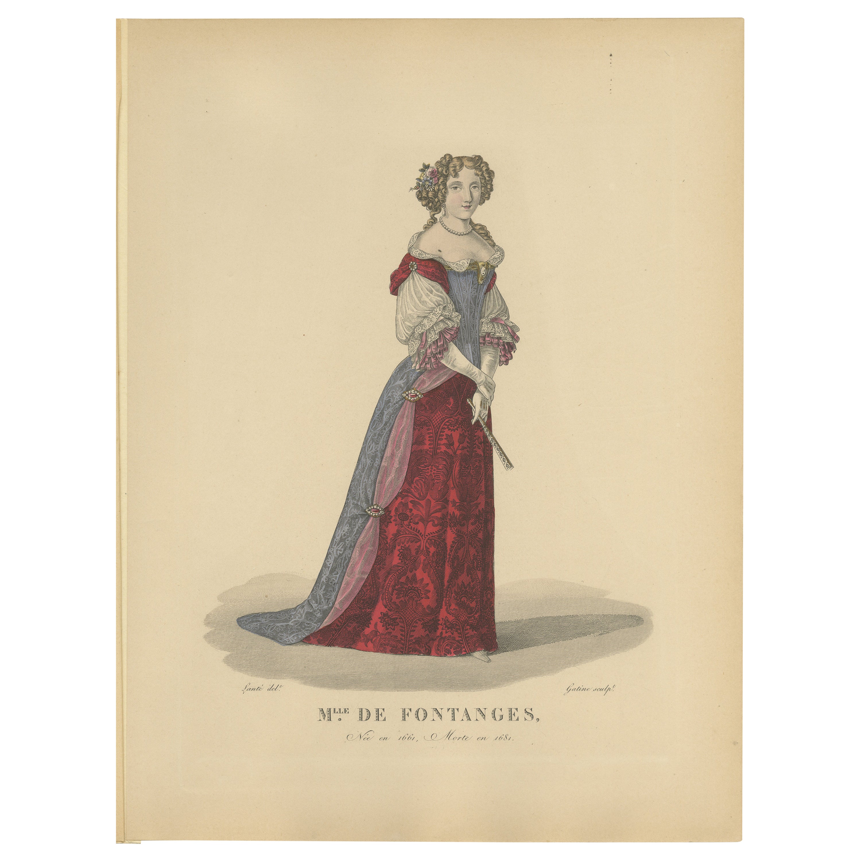 Handcolored Engraving Marie Angélique de Scorailles, Duchess of Fontanges, 1900 For Sale