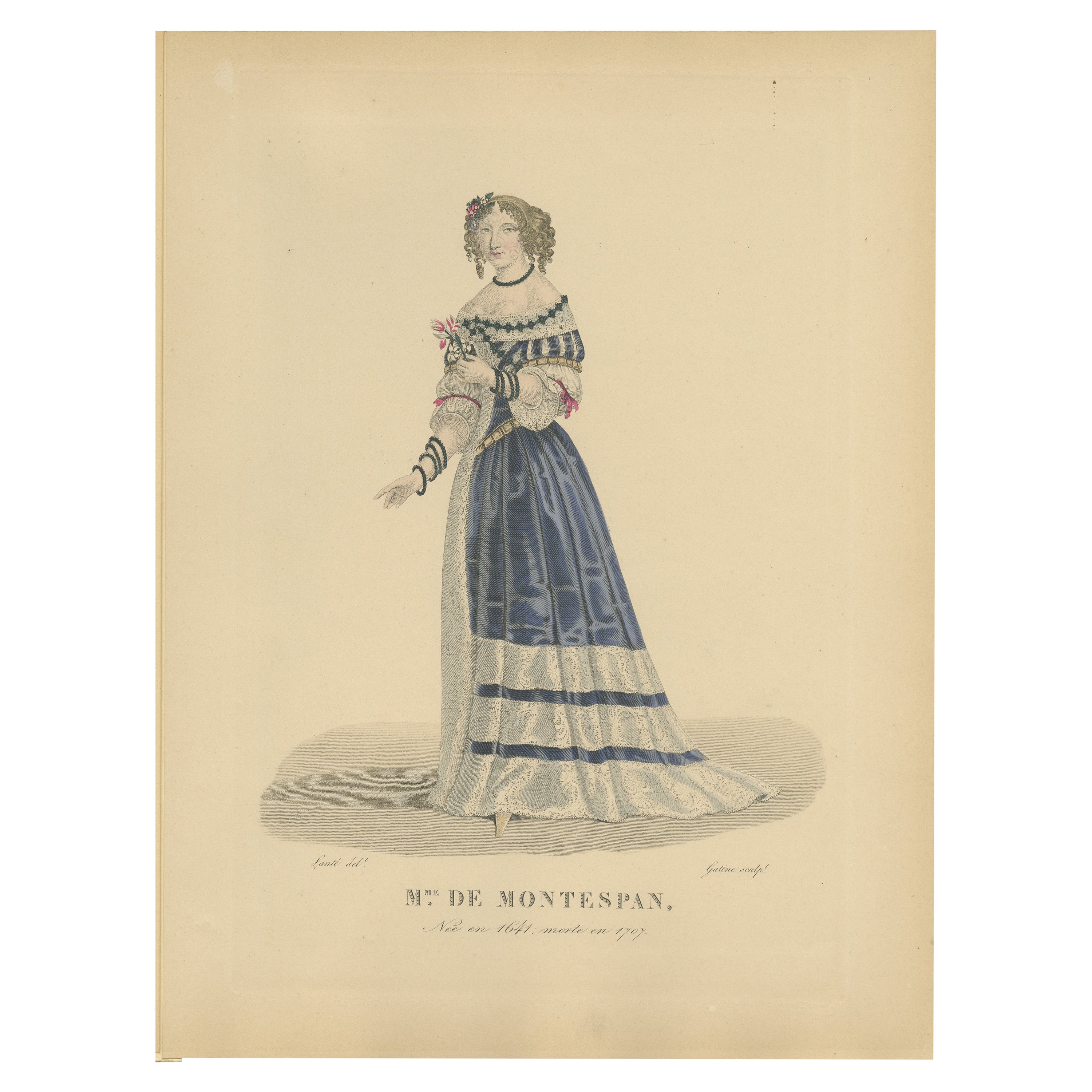 Handcolored Engraving of Françoise Athénaïs de Rochechouart, Madame de Montespan For Sale