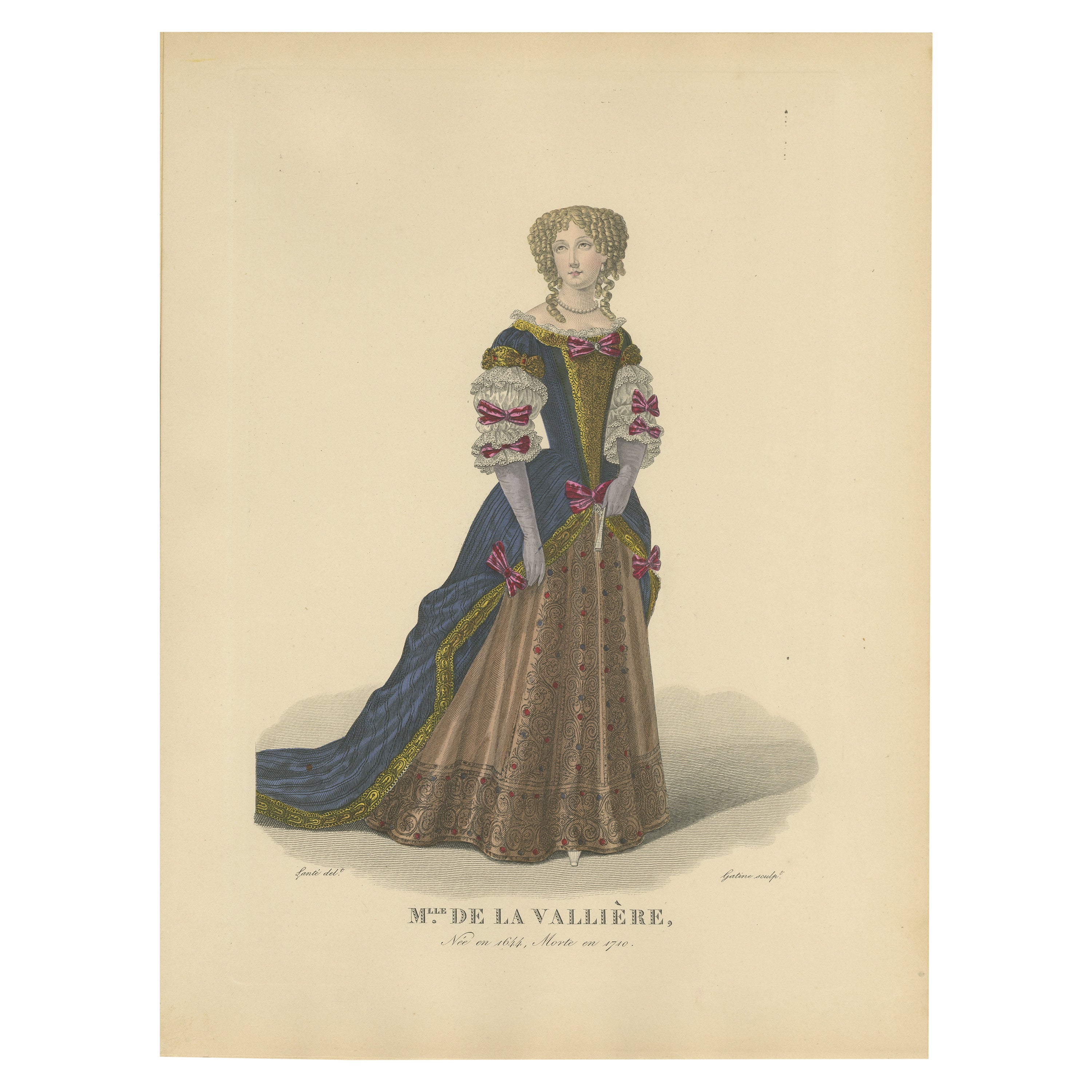 Hand Colored Engraving of Françoise Louise de La Baume, Duchess of La Vallière For Sale