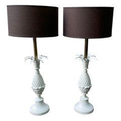 Pair of Hollywood Regency White Pineapple Shaped Table Lamps, Large Scale