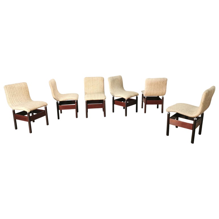 Dining Chairs Wool Wood by Vittorio Introini for Saporiti Italy 1960s Set of 6 For Sale