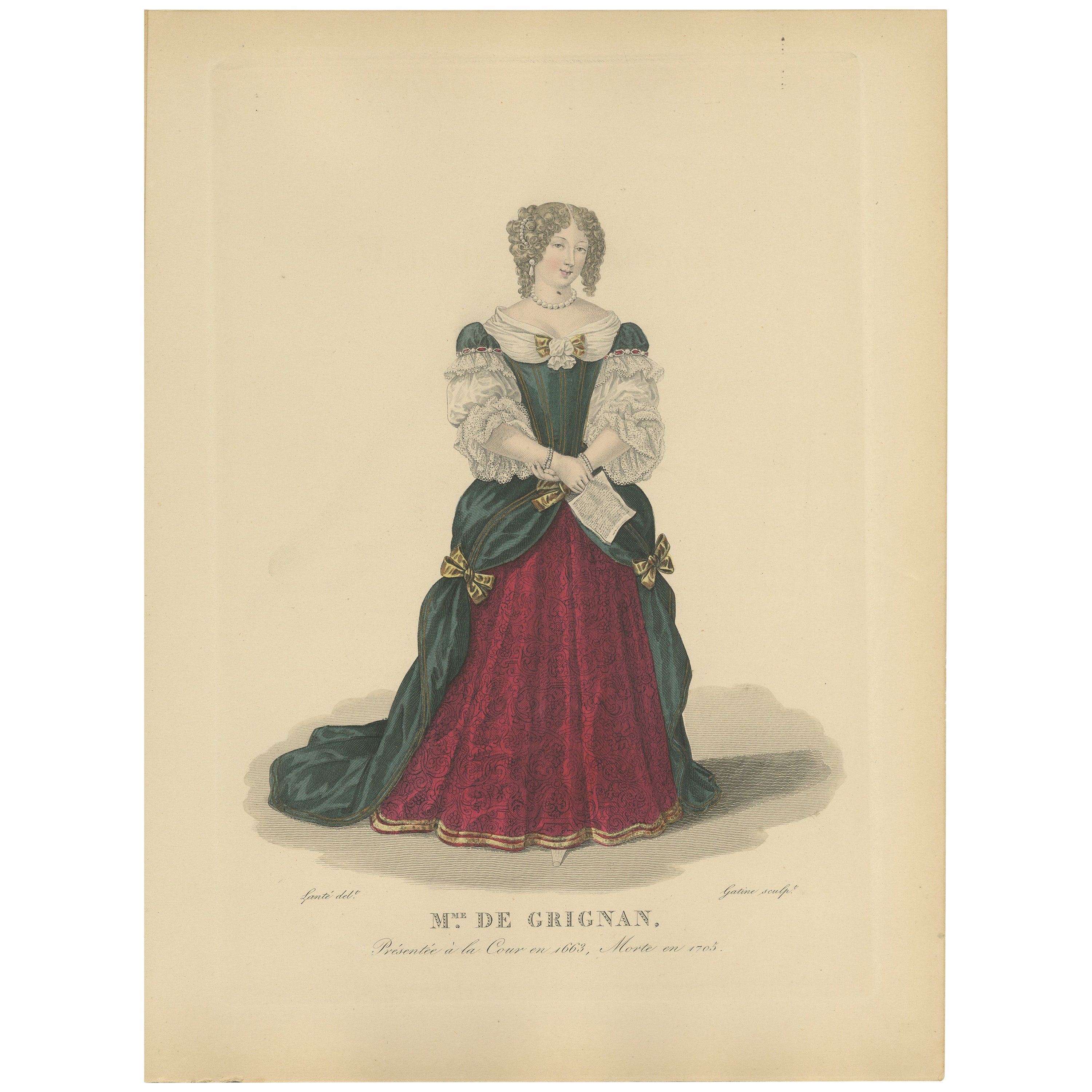 Handcolored Engraving of Françoise-marguerite De Sévigné, Countess of Grignan.  For Sale