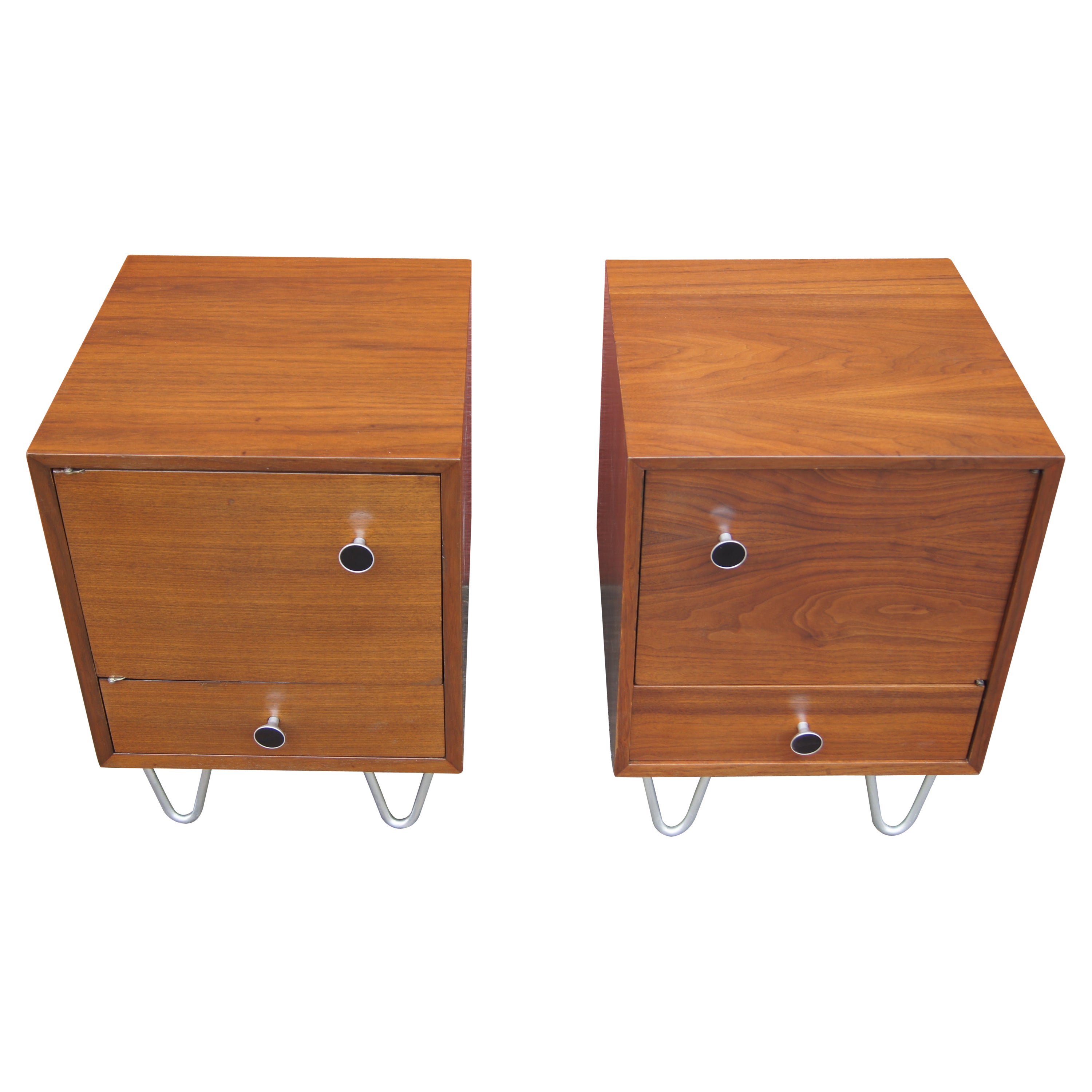 Pair of Walnut Nightstands with Hairpin Legs in the Style of George Nelson