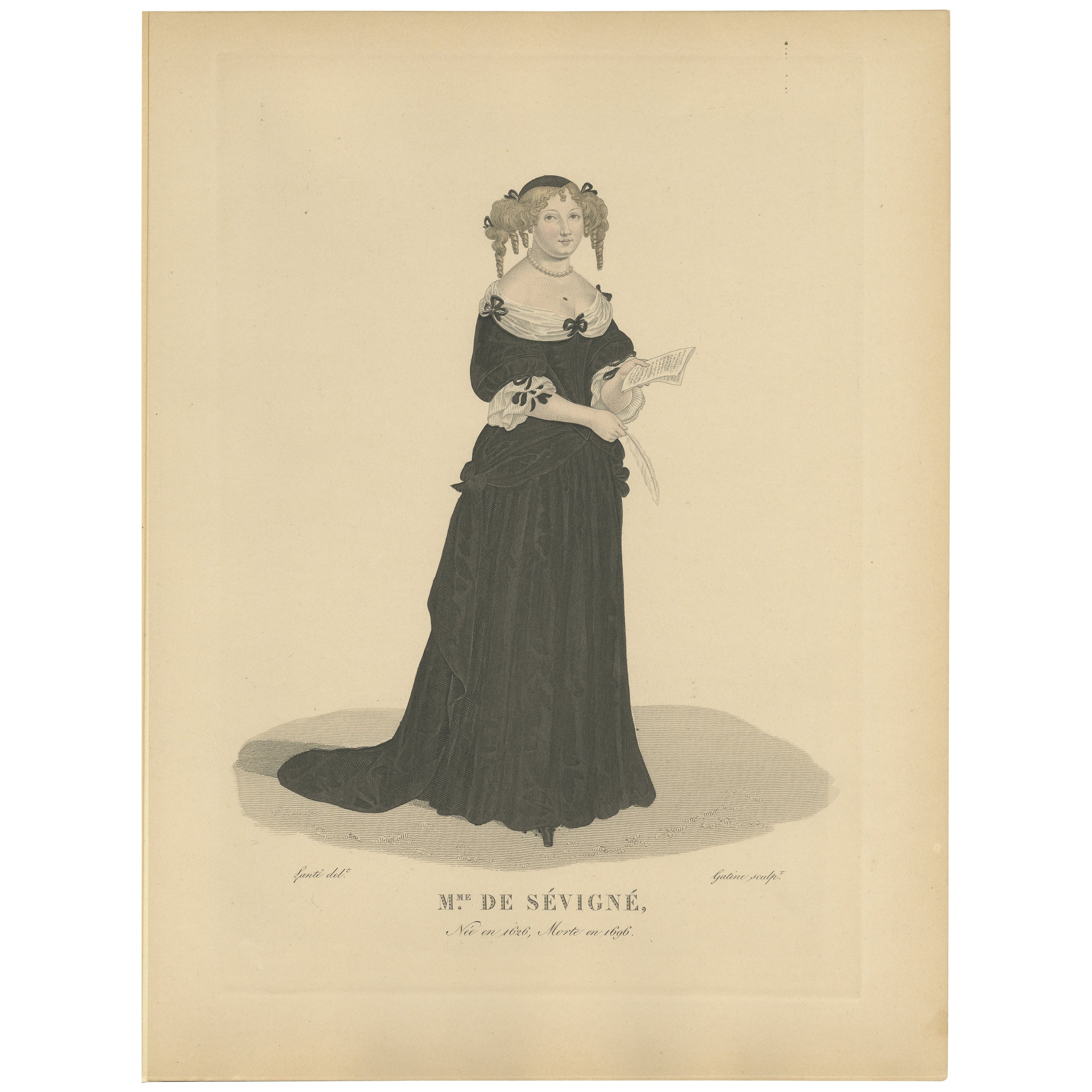 Hand Colored Engraving of Marie de Rabutin-Chantal, Madame de Sévigné, 1900 For Sale