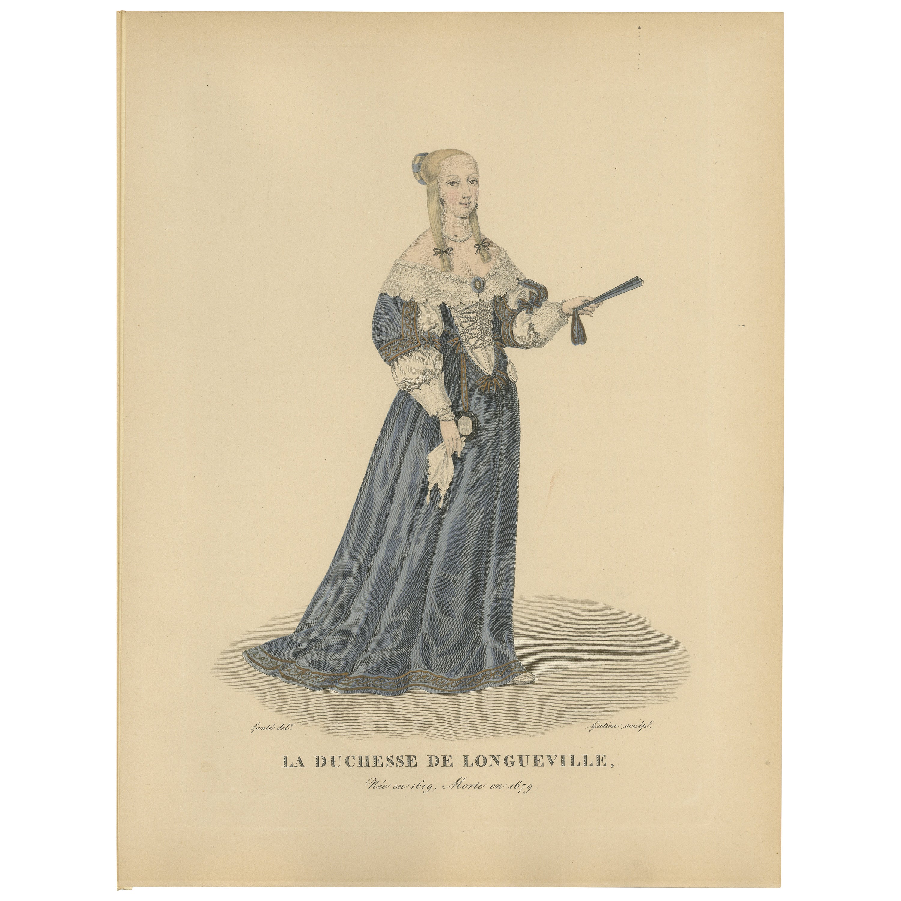 Handcolored Engraving of Anne-Geneviève de Bourbon- Duchess of Longueville, 1900 For Sale