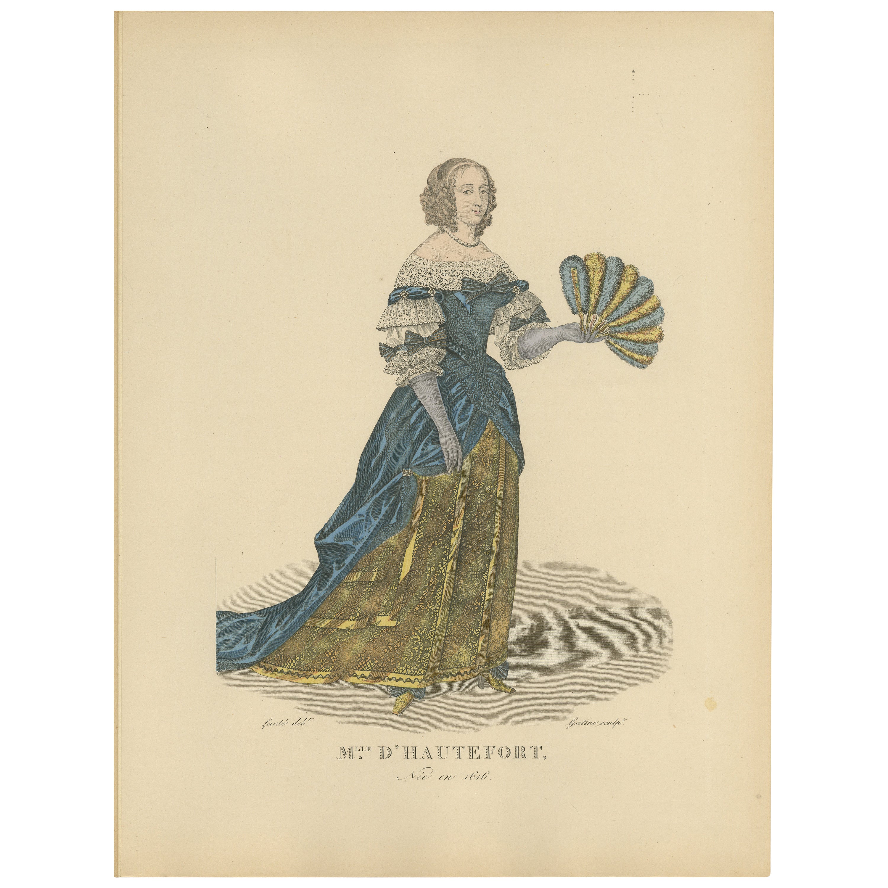 Hand Colored Engraving of Marie de Hautefort, a French Noble Women, 1900 For Sale
