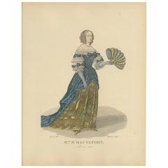 Antique Hand Colored Engraving of Marie de Hautefort, a French Noble Women, 1900