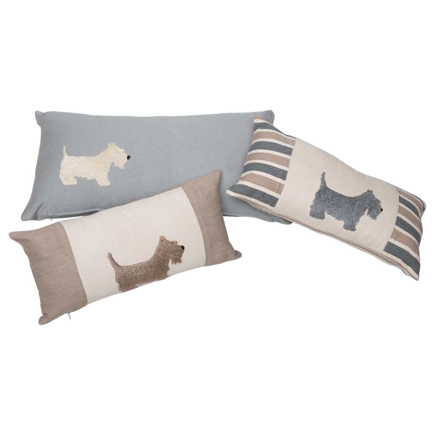 Three Pillows in Cachemire Fabric with a Little Dog For Sale