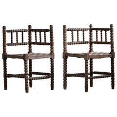 Pair of French Antique Provincial Hand Crafted Bobbin Corner Chairs, 19th C