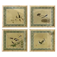 Vintage Set of Four Framed Chinese Silk Flower and Bird Paintings