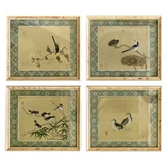 Antique Set of Four Framed Chinese Silk Flower and Bird Paintings