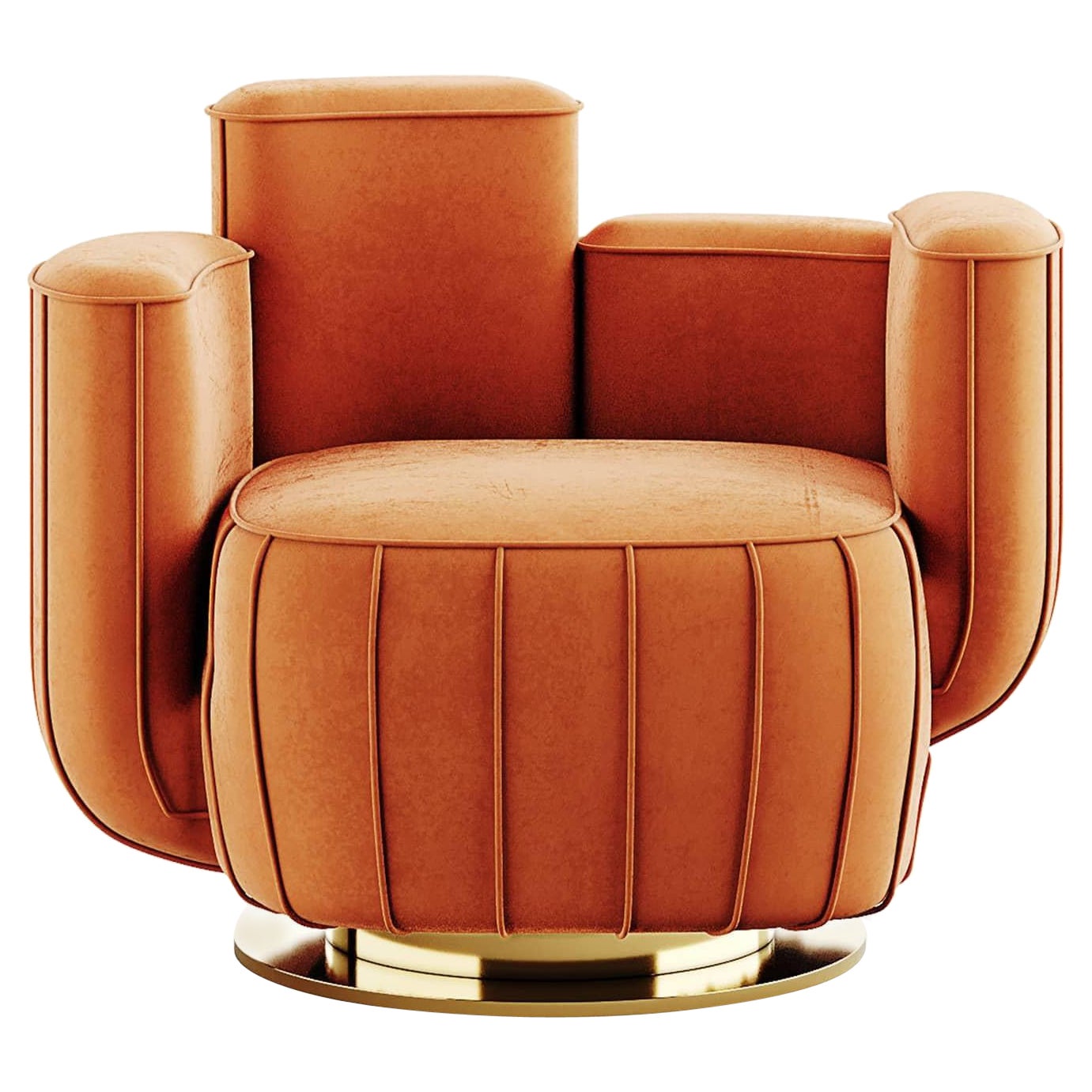 Modern Orange Velvet Armchair Cactus Shape with Gold Swivel Base Polished Brass