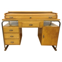Bauhaus Style Tambour Desk of Wood and Chrome