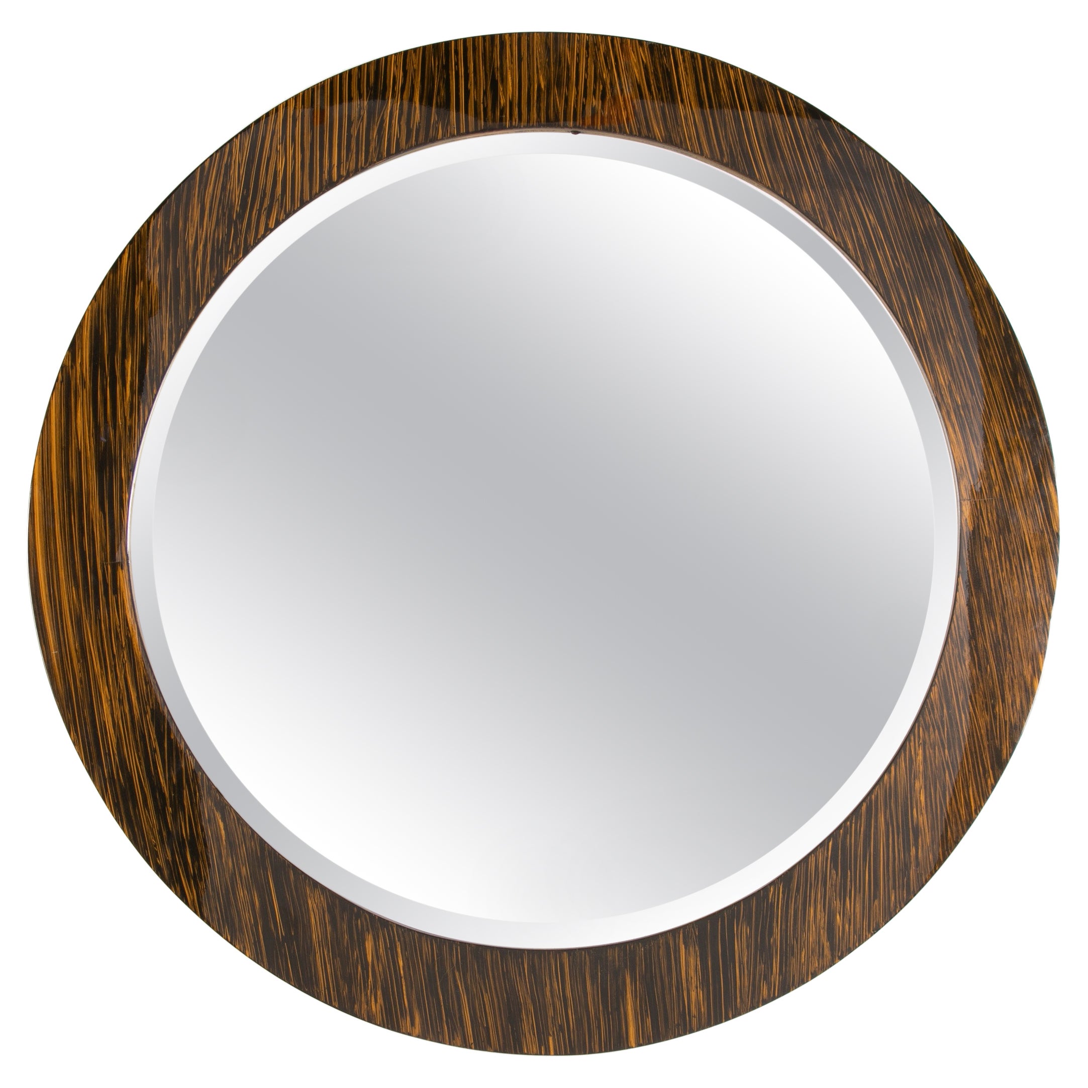 Karl Springer Style Round Mirror With Faux Tigers Eye Lacquered Finish For Sale