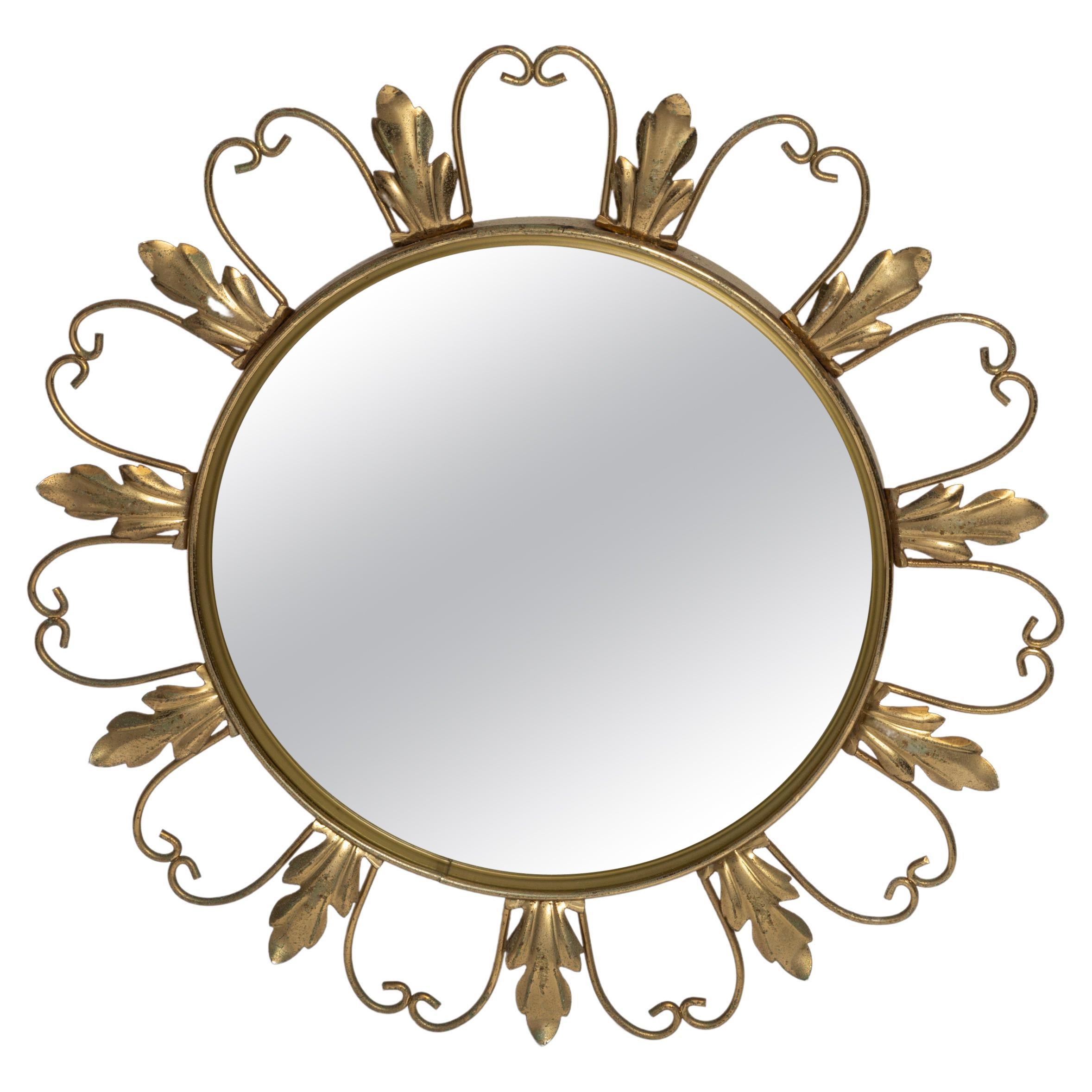 Mid Century Gold Sunburst Mirror, Metal, Belgium, 1960s For Sale