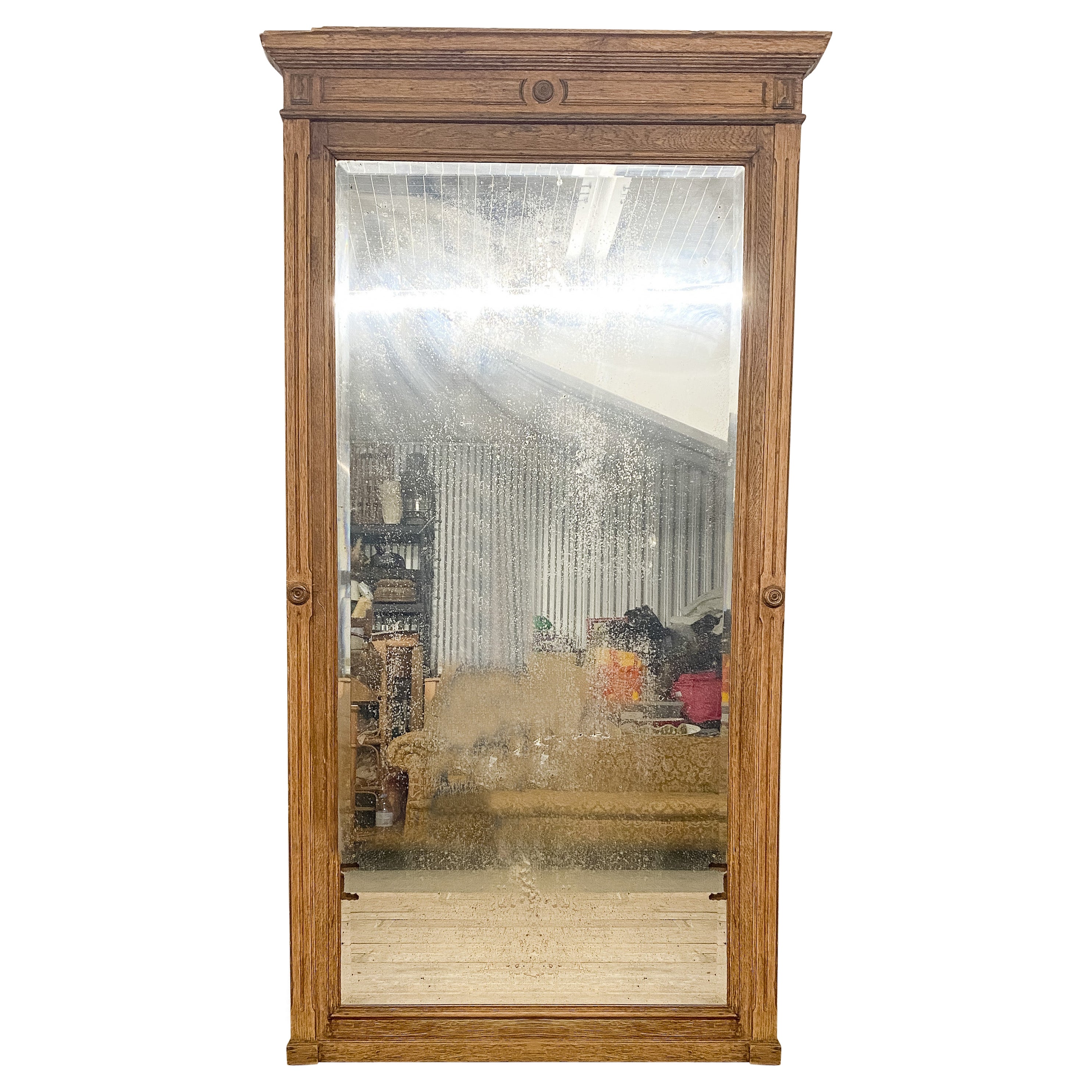 Large French Bleached Oak Mirror with Foxing