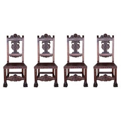 19th Century Set of Four French Carved Walnut Turned Wood Chairs with Claw Feet