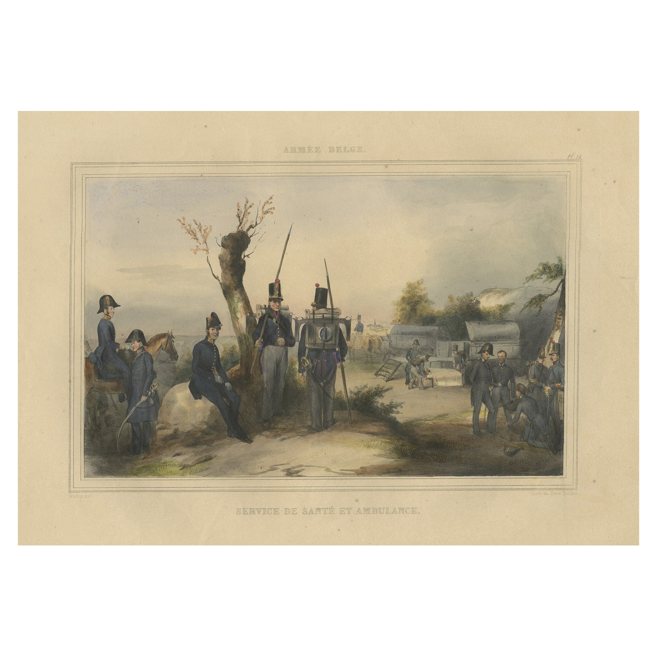 Dekorativer Druck der belgischen Armee mit Ambulancetruppen auf dem Feld, 1833 im Angebot