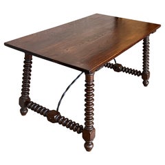 19th Spanish Writing or Center Table with Carved Turned Legs and Wood Stretcher