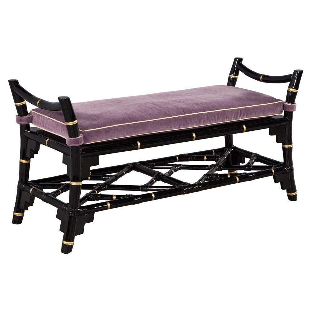 Black Lacquered Chinoiserie Inspired Bench with Hand Painted Gold Accents For Sale