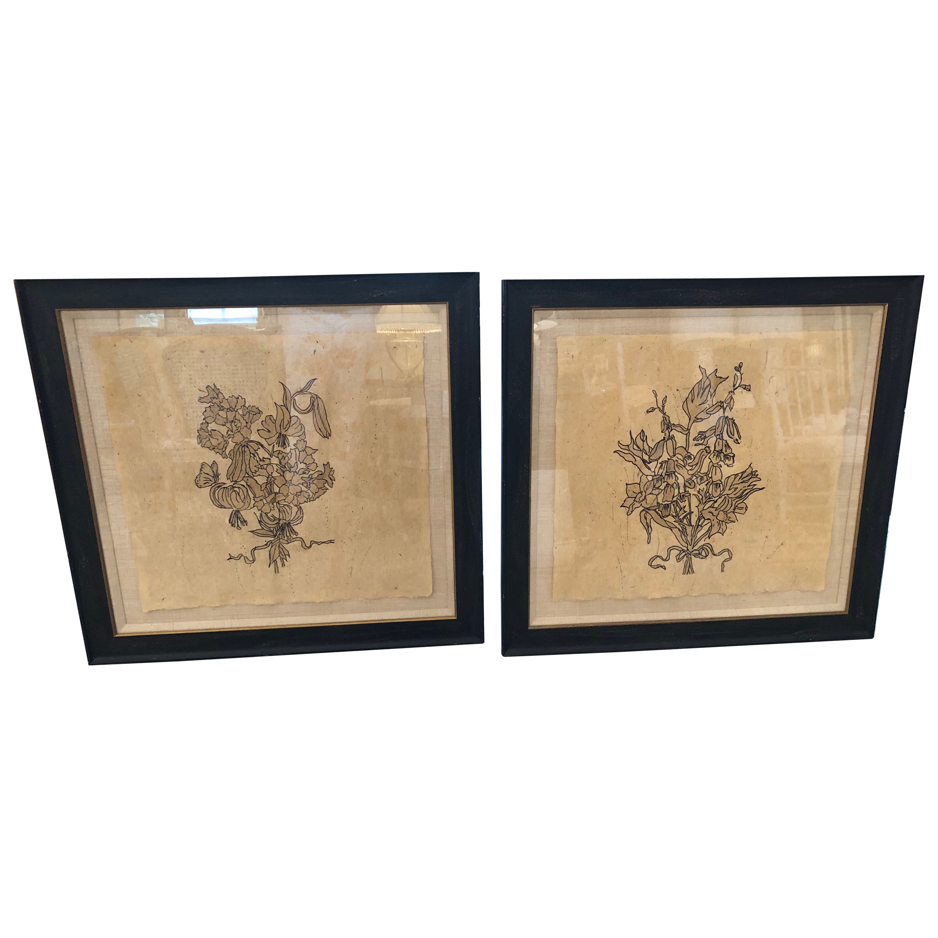 Elegant Pair of Sepia Drawings of Flowers Handsomely Framed For Sale