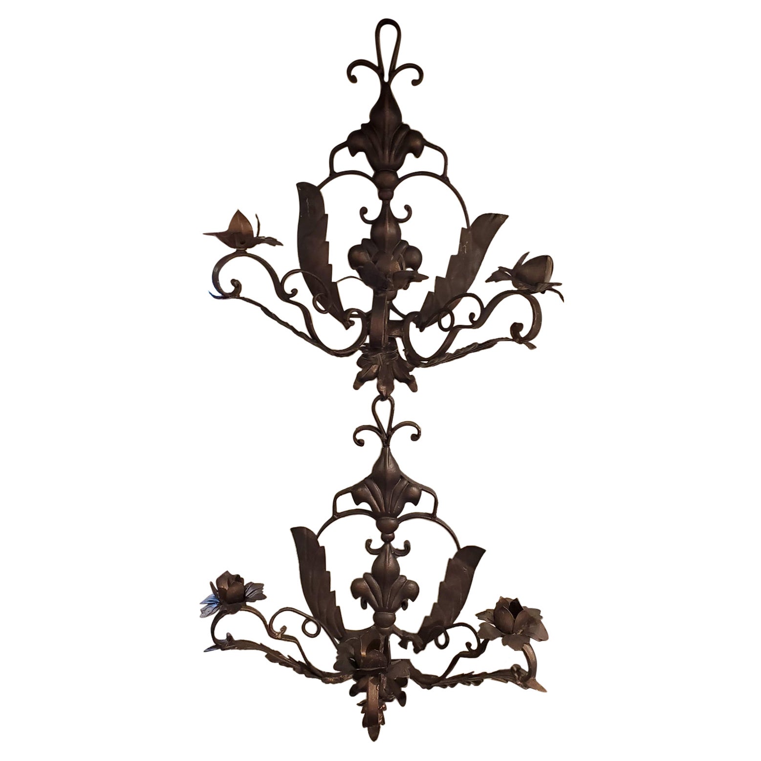 Pair of Large Scale Late 19th Century Italian Metal Wall Sconces with Leaf Motif