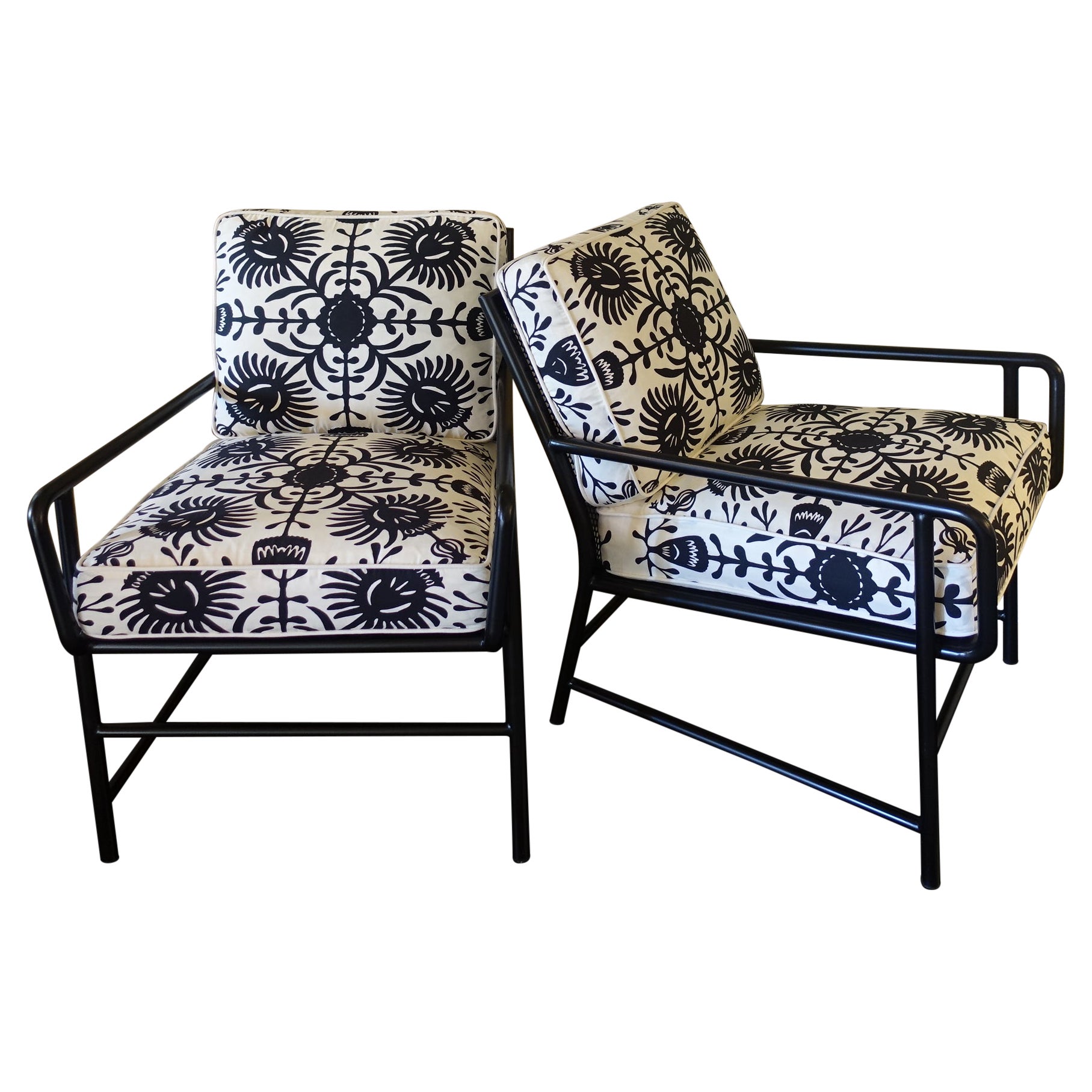 Contemporary Pair of Black Metal Armchairs and Black and White Printed Fabric