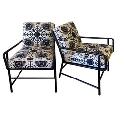 Contemporary Pair of Black Metal Armchairs and Black and White Printed Fabric