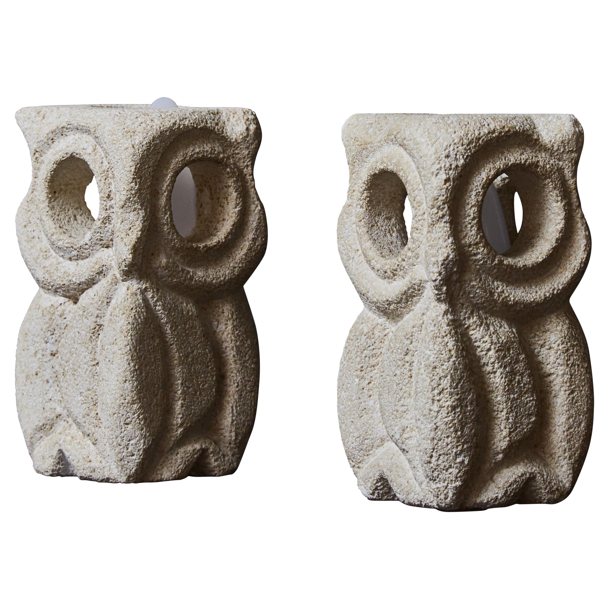 Pair of Small Sandstone Owls Table Lamps by Albert Tormos