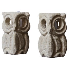 Retro Pair of Small Sandstone Owls Table Lamps by Albert Tormos