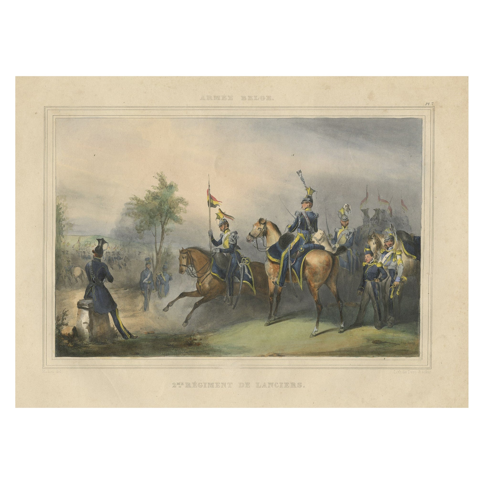 Belle estampe colorée à la main d'un régiment d'armée belge chevauchant des chevaux, 1833