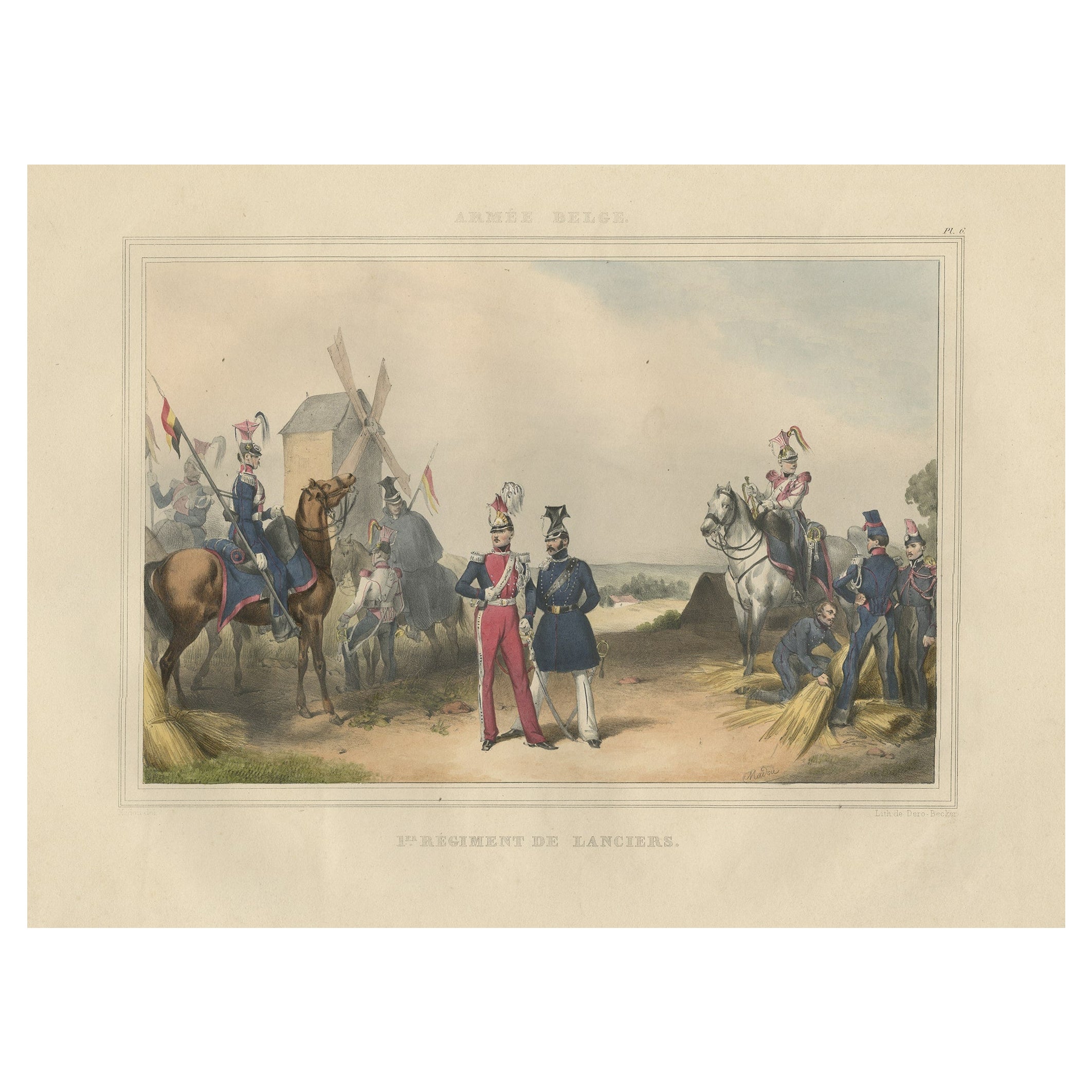 Rare Hand-Colored Print of a Belgium Army Regiment Near a Windmill, 1833