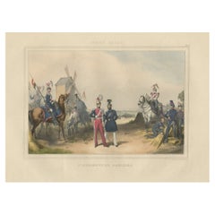 Rare estampe colorée à la main d'un régiment d'armée belge près d'un moulin à vent, 1833