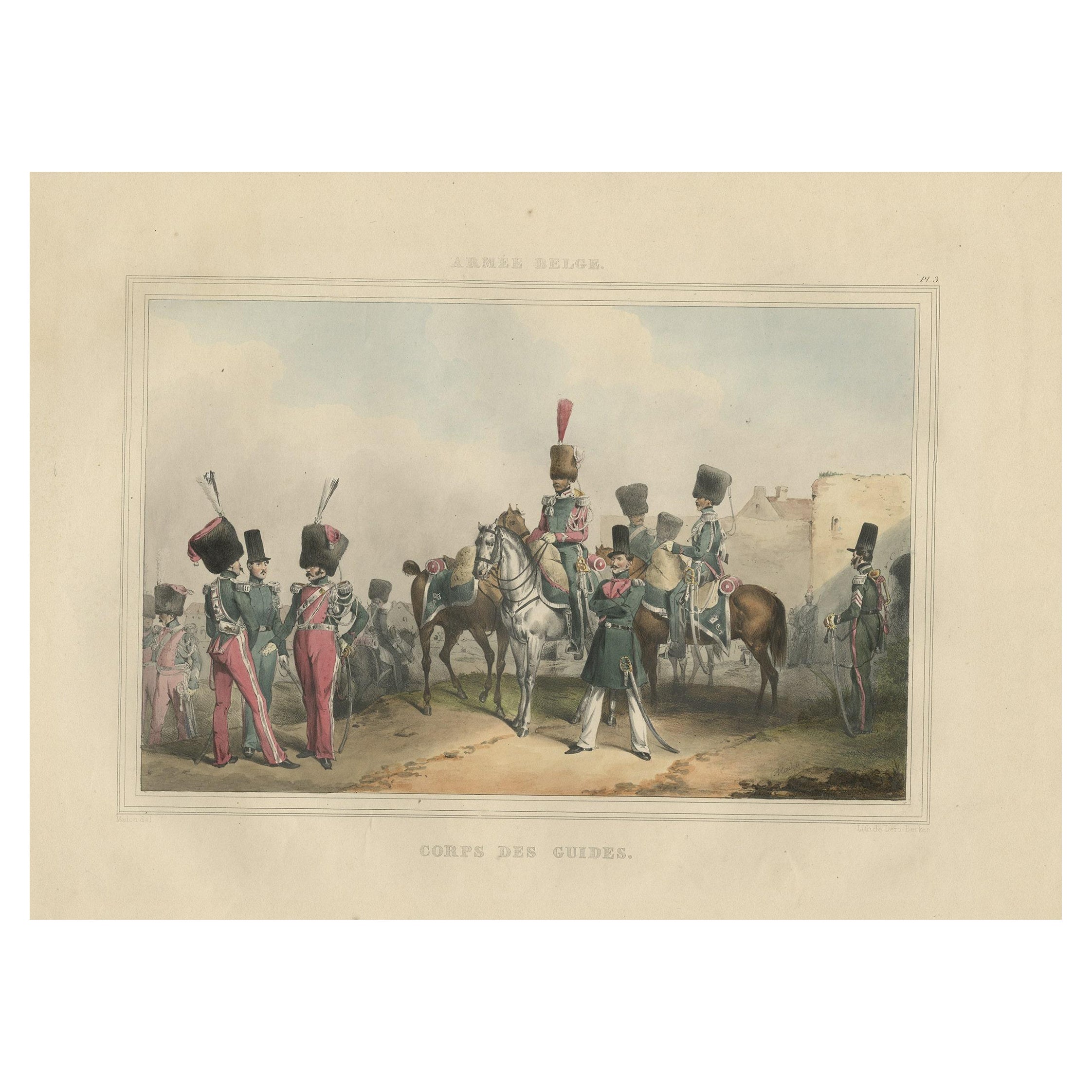 Rare estampe du « Corps des Guides » du régiment de l'armée belge, 1833