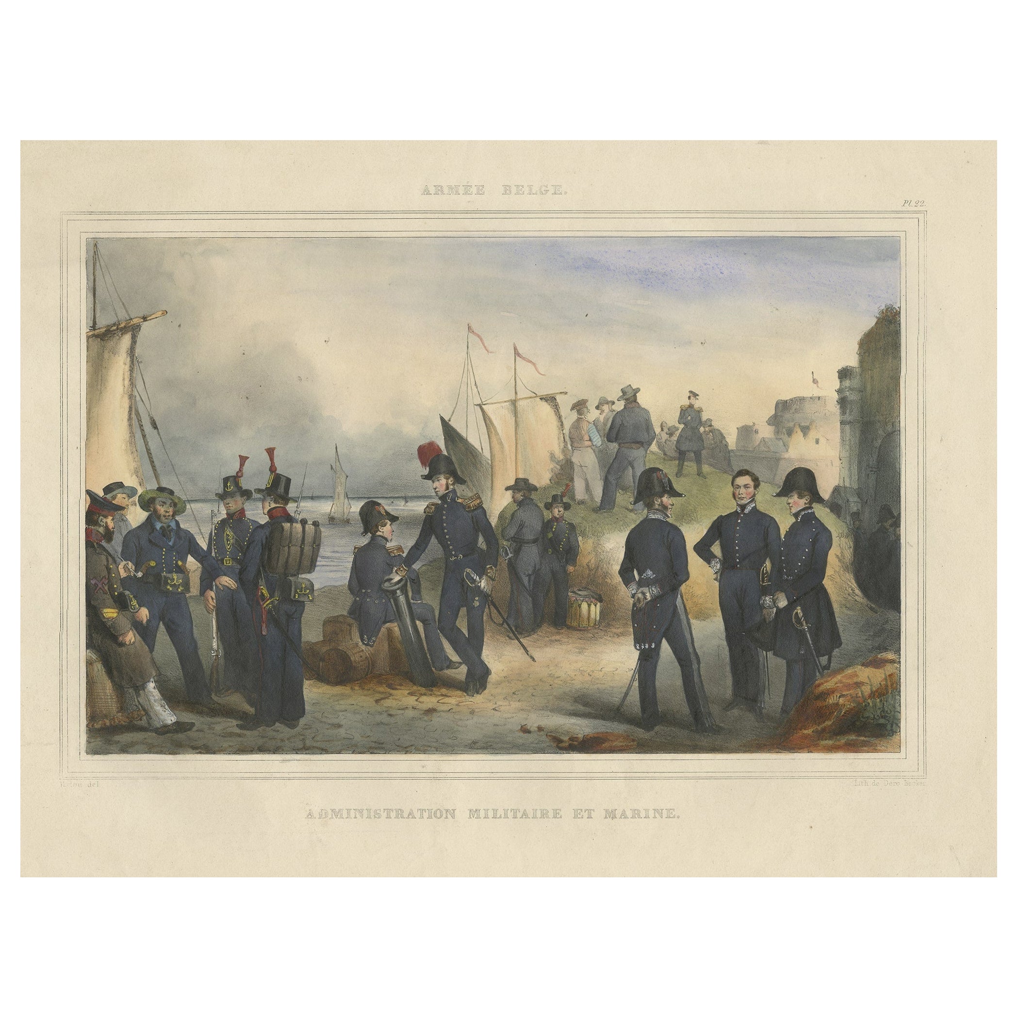 Impression ancienne colorée à la main de l'administration de la marine de l'armée belge, 1833