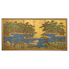 Japanese Six Panel Screen Pine Trees and Boats at Water’s Edge