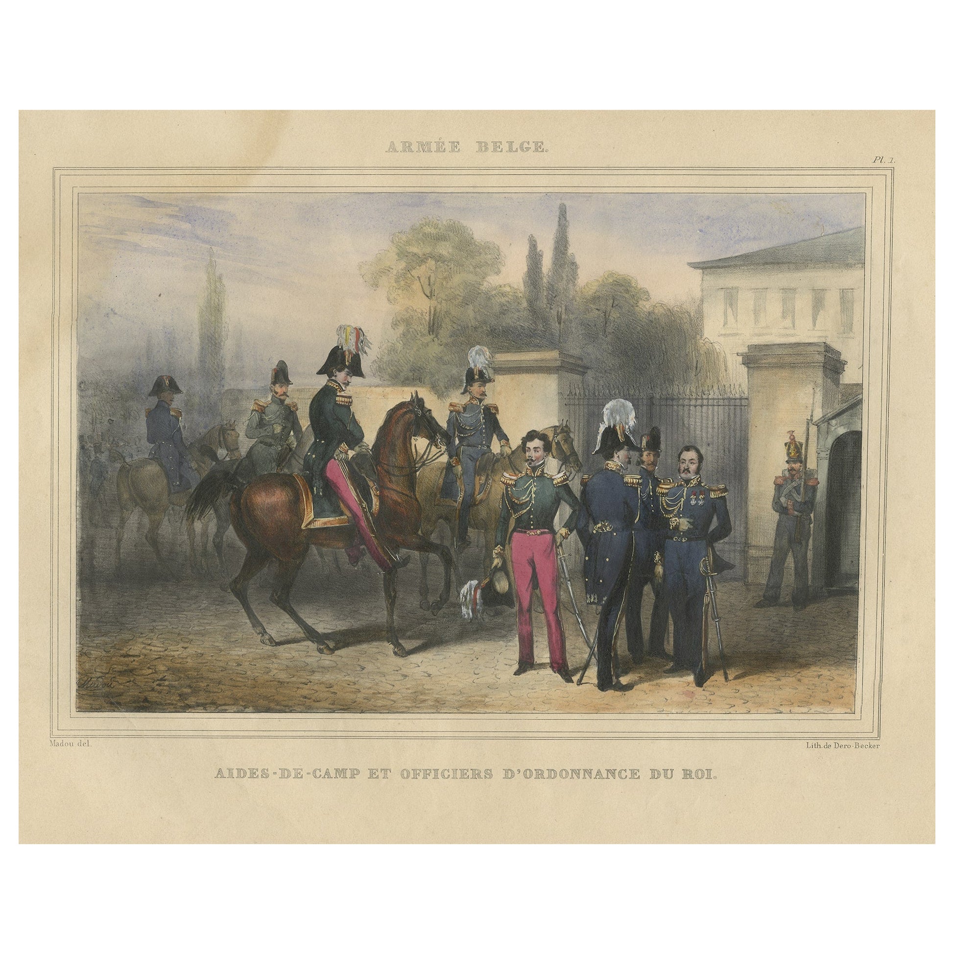 Impression ancienne colorée à la main d'officiers et de chevaux de l'armée belge, 1833