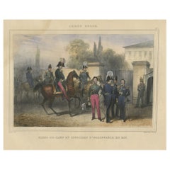 Impression ancienne colorée à la main d'officiers et de chevaux de l'armée belge, 1833