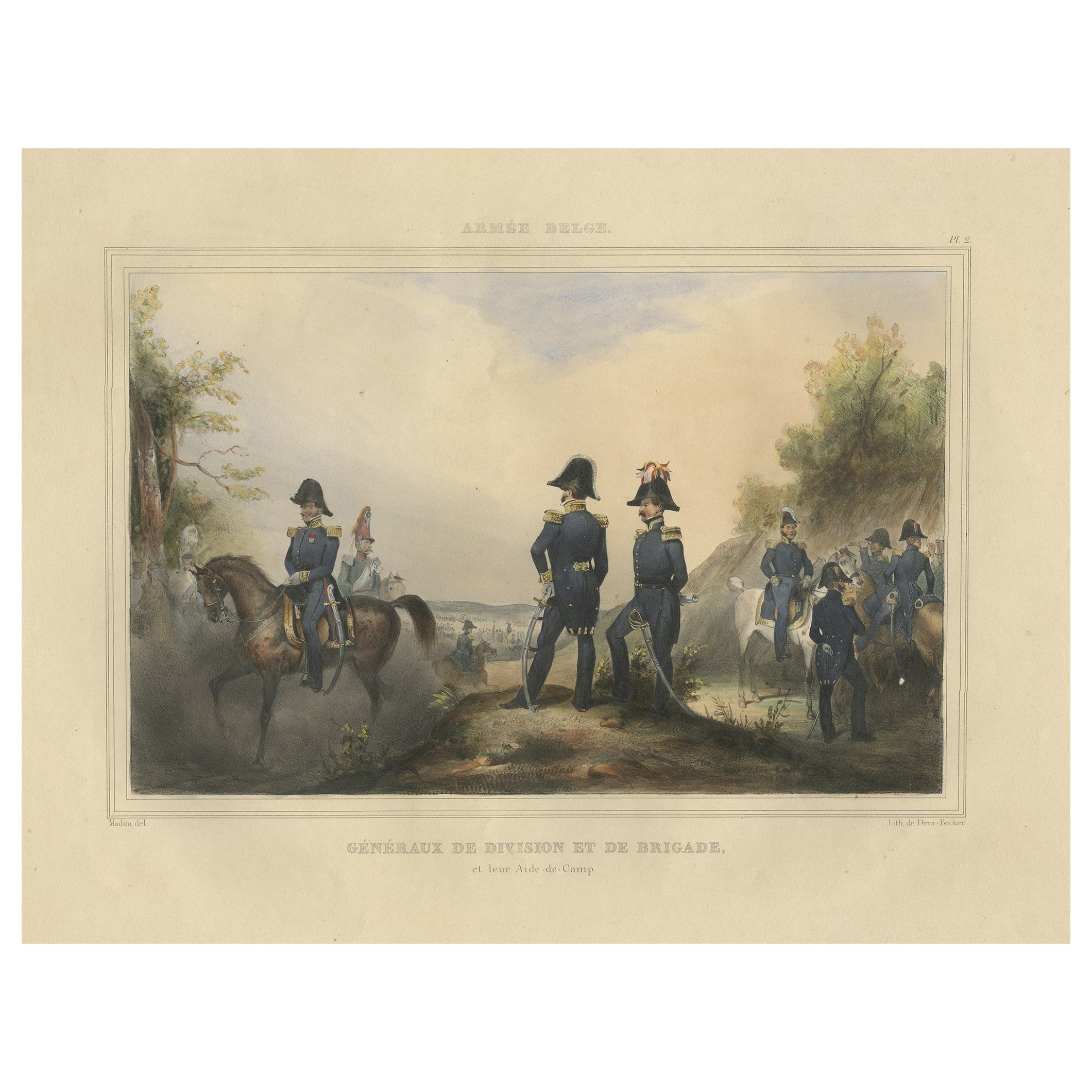 Decorative Antique Print of Fully Uniformed Generals of the Belgium Army, 1833 For Sale