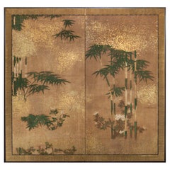 Antique Japanese Two Panel Screen: Bamboo Grove on Mulberry Paper with Gold Dust
