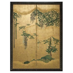 Japanese Two Panel Screen, Wisteria Vine on Bamboo Arbor on Quality Gold