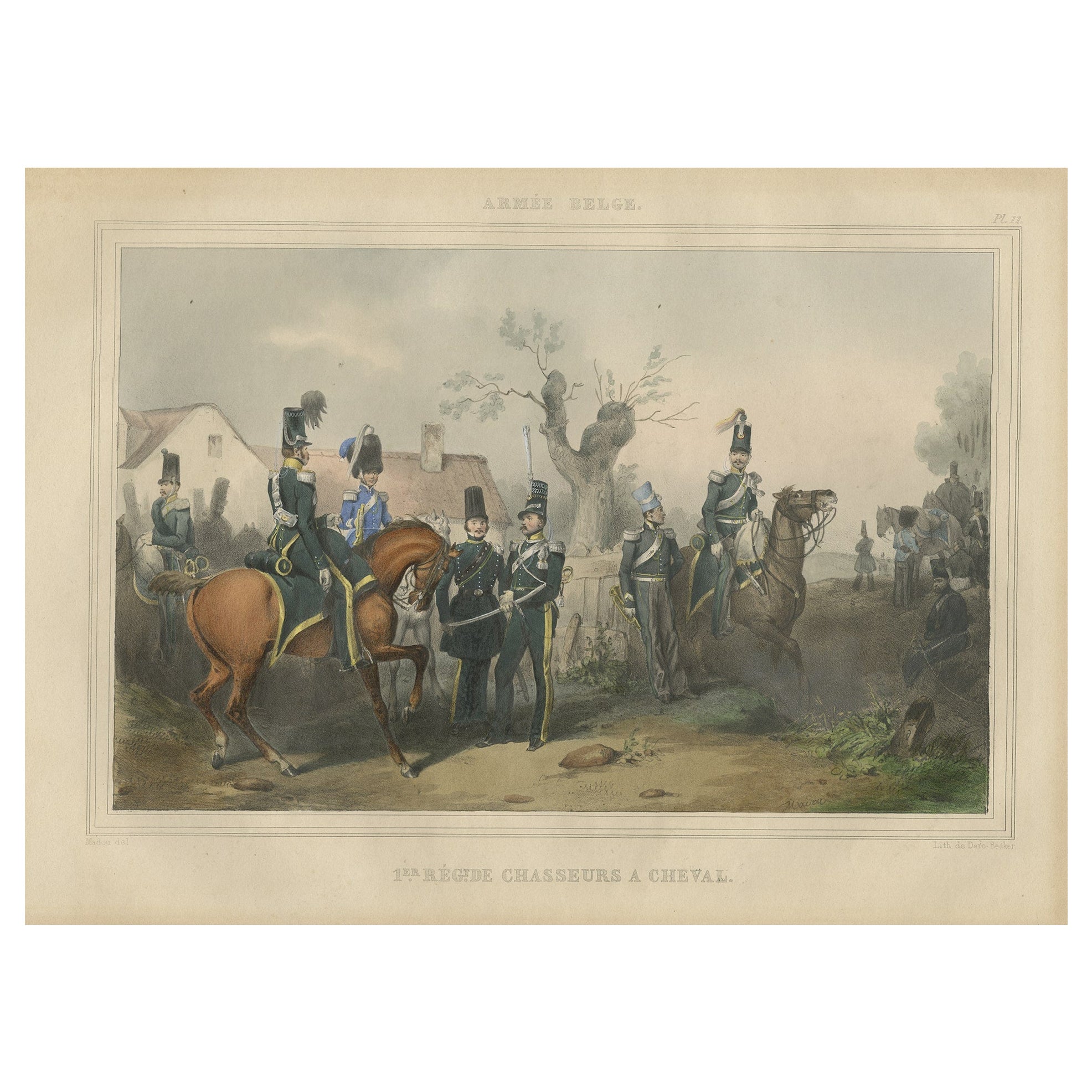 Ancienne estampe colorée à la main d'officiers et de chevaux de l'armée belge, 1833